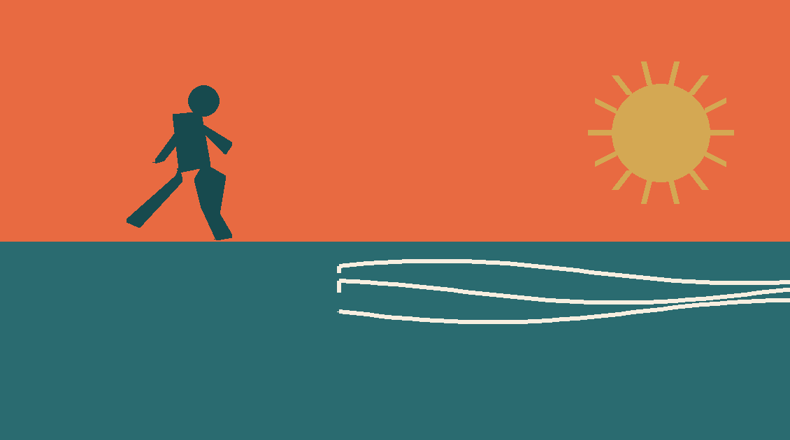 Illustration of a sun, waves, and a runner representing the East Coast Malaysia running guide