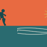 Illustration of a sun, waves, and a runner representing the East Coast Malaysia running guide