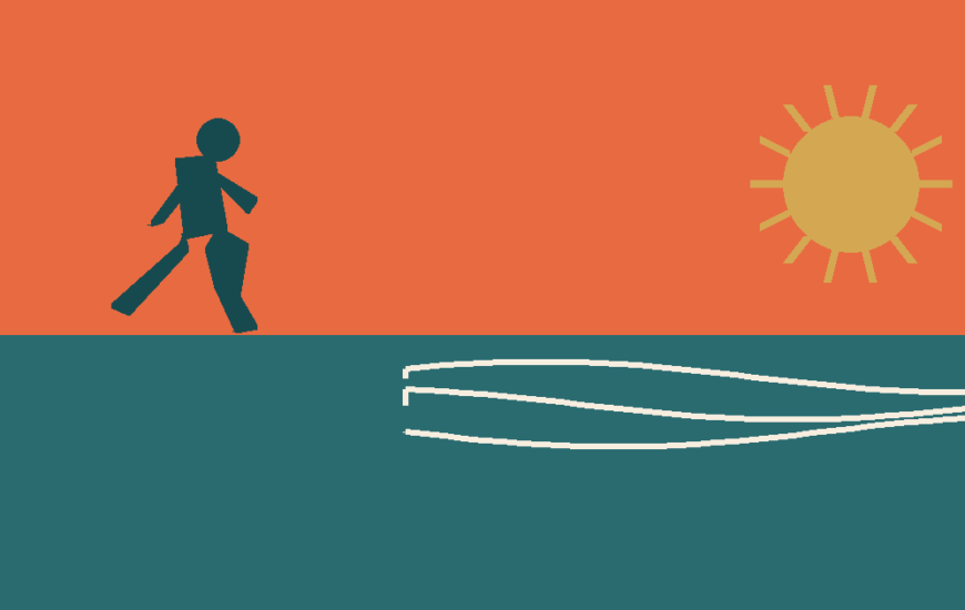 Illustration of a sun, waves, and a runner representing the East Coast Malaysia running guide