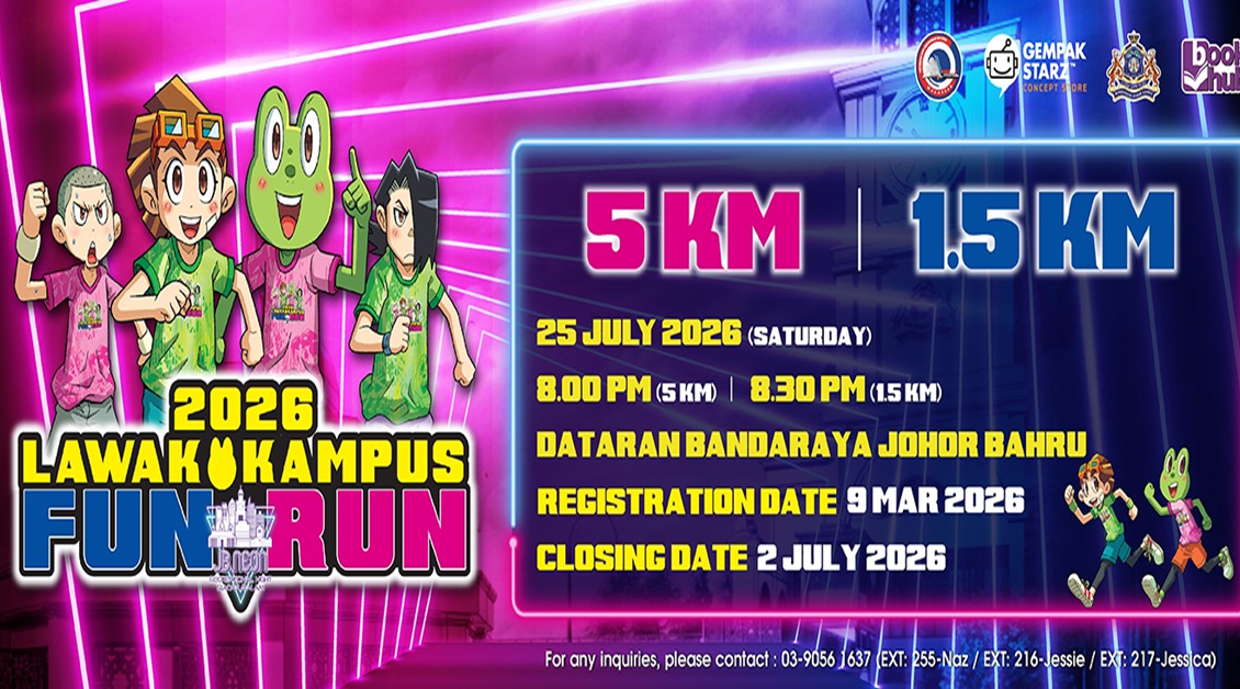 Lawak Kampus X JB Neon Fun Run 2026 event banner