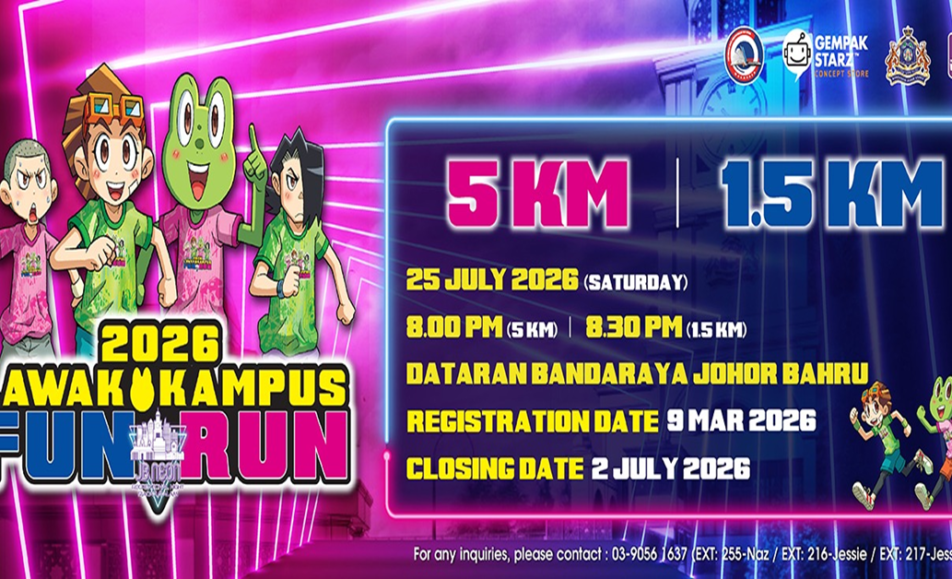 Lawak Kampus X JB Neon Fun Run 2026 event banner