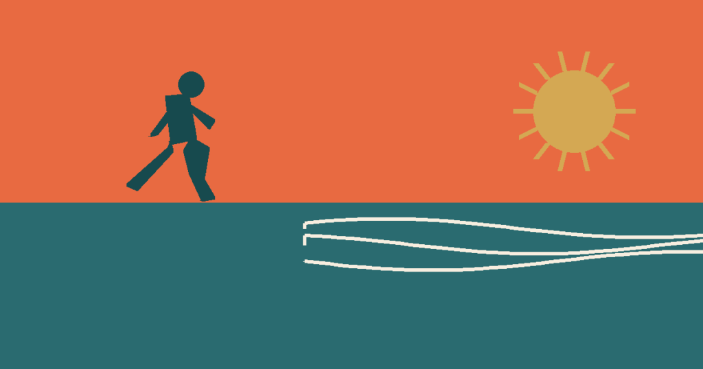 Illustration of a sun, waves, and a runner representing the East Coast Malaysia running guide